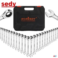 24pc Flat Ratcheting Wrench Combination Spanner Tool Set SAE & Metric With Case