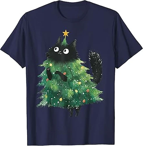Funny Christmas Cats Tree Graphic Tee 100% Cotton Shirt - product listing photo