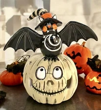 Blue Sky Halloween BAT ON GREY PUMPKIN Tea Light Candle House NEW Auth Retailer