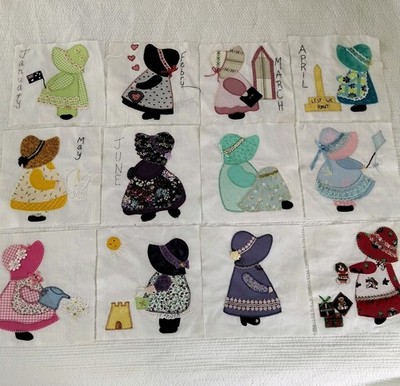Quilt Blocks Sunbonnet Sue Appliqued Squares Patchwork x 12 Incomplete