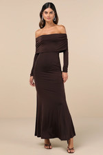 NWT lulus Effortlessly Stunning Dark Brown Off-the-Shoulder Maxi Dress