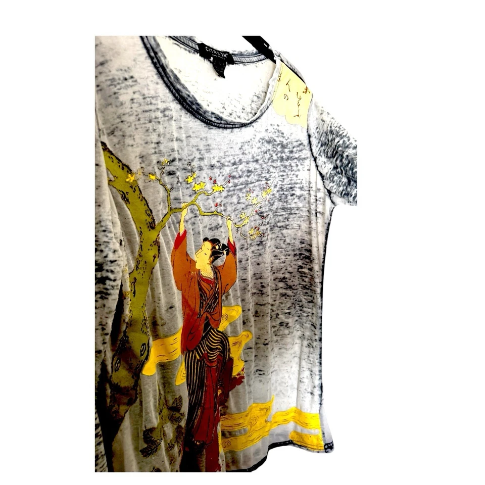 Citron Santa Monica Burnout Top Asian Print Floral Geisha Graphic Tee L Gray - Image 3 of 4