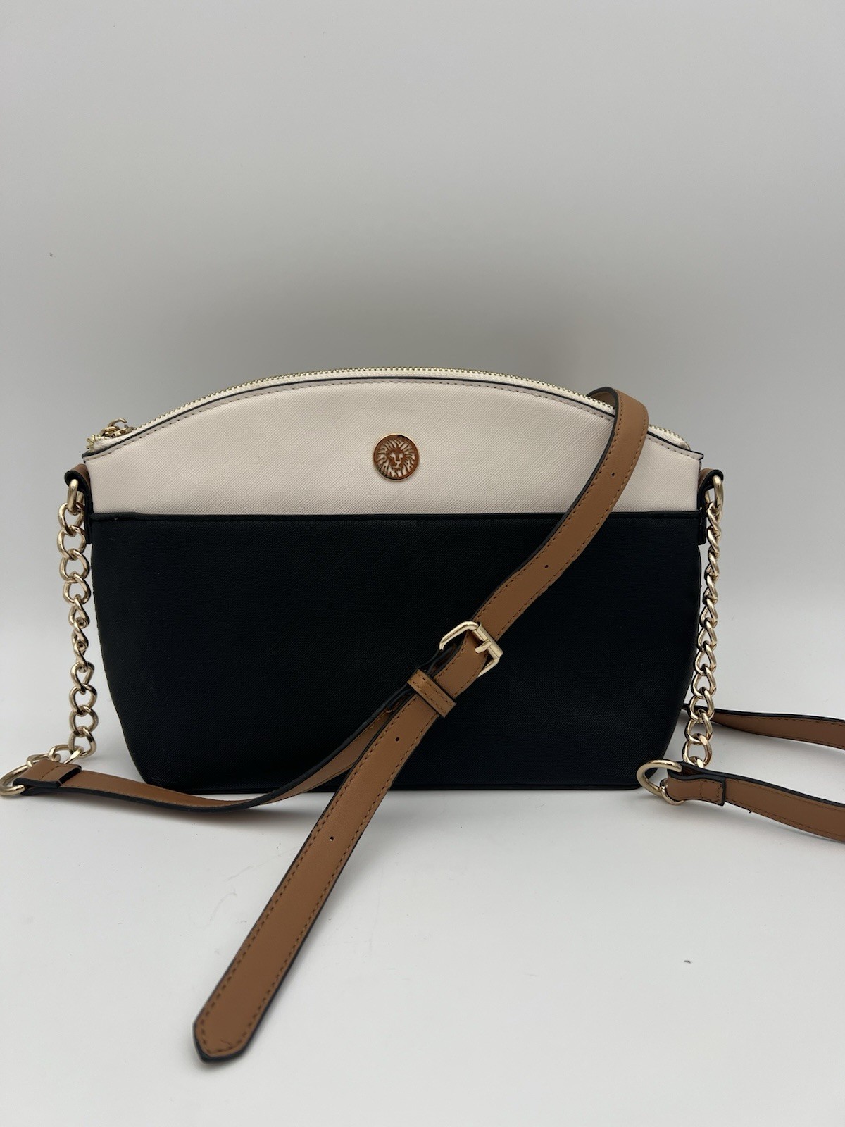 Anne Klein Classic Curves Crossbody Black White Gold Adjustable Strap Bag Purse