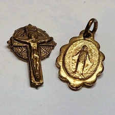 Lot 2 Religious Items Charms Crucifix Pendants "O Mary Conceived Without Sin."
