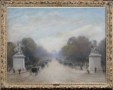 ANDRE SINET (1867-1938) LARGE SIGNED 1901 PASTEL - PARIS FIGURES CHAMPS ELYSEES