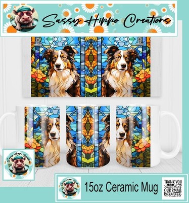 Ceramic Coffee Mug Border Collie Dog Puppy Stained-Glass 15oz Hand Sublimated