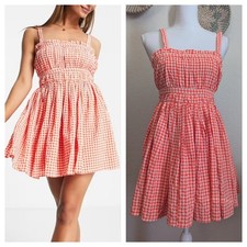 ASOS Design Orange White Gingham Strappy Mini Skater Sundress Adjustable Small