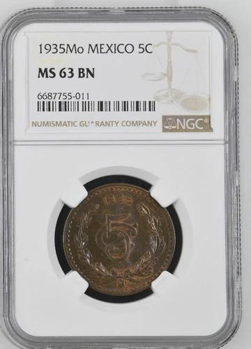 Mexico 5 Centavos 1935 Mo NGC MS 63 BN
