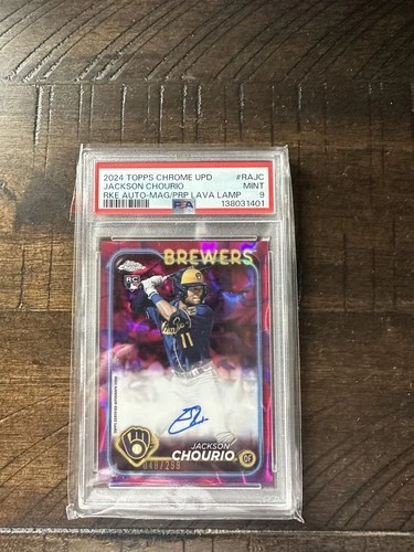 2024 Topps Chrome Magenta Purple Lamp Lava Jackson Chourio RC AUTO /299 PSA 9