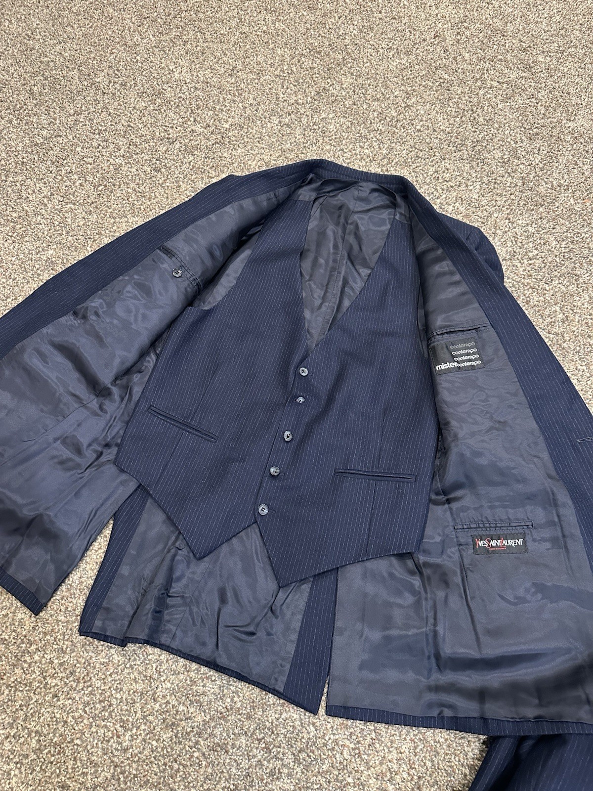 Tuta vintage Yves Saint Laurent YSL lana 3 pezzi gessato blu navy taglia 46 slim