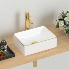 Chic 14.5'' White Porcelain Vessel Sink with Gold Trim for Small Bathrooms