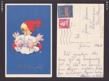 DENMARK 1964, Vintage postcard, Christmas, Child, Pigs with vignette