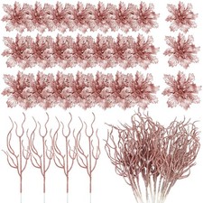 48 Pcs Rose Gold Glitter Poinsettia Artificial Flower Twig Christmas Decor