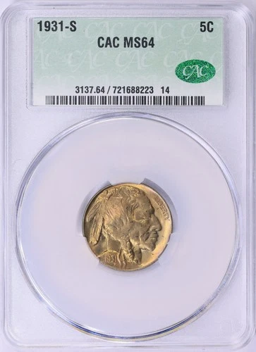 1931 S Buffalo 5C Nickel CACG MS64 Rainbow Toned Amazing Color And Luster