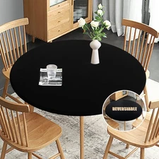 Fitted Round Table Cloth, Reversible Waterproof Stain Resistant Elastic Stret...