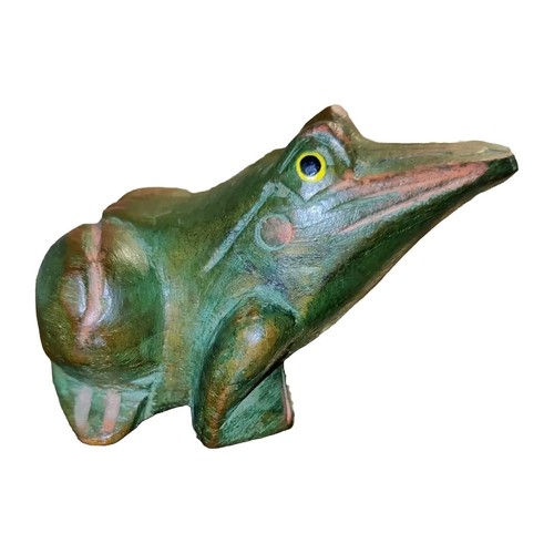 Wood Frog Green Stain Hand Carved Folk Art Wooden Collector 