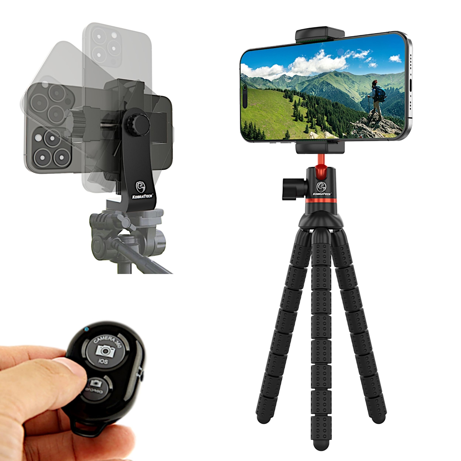 Mini Flexible Tripod with 360 Swivel Phone Mount and Bluetooth Remote Shutter Bundle