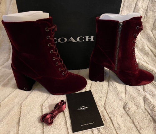 NIB COACH Women's Edie Velvet Bootie ~ Wine ~ Lace-up Boot Size 7.5 - Picture 1 of 7