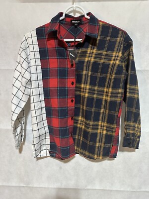 Fashion Nova Kids Sz 8 Color Block Plaid Flannel Button Up Collared Shirt  *NEW* | eBay