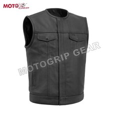 Men's SOA Collarless Leather Vest Motorcycle Biker Club Concealed Carry Outlaws