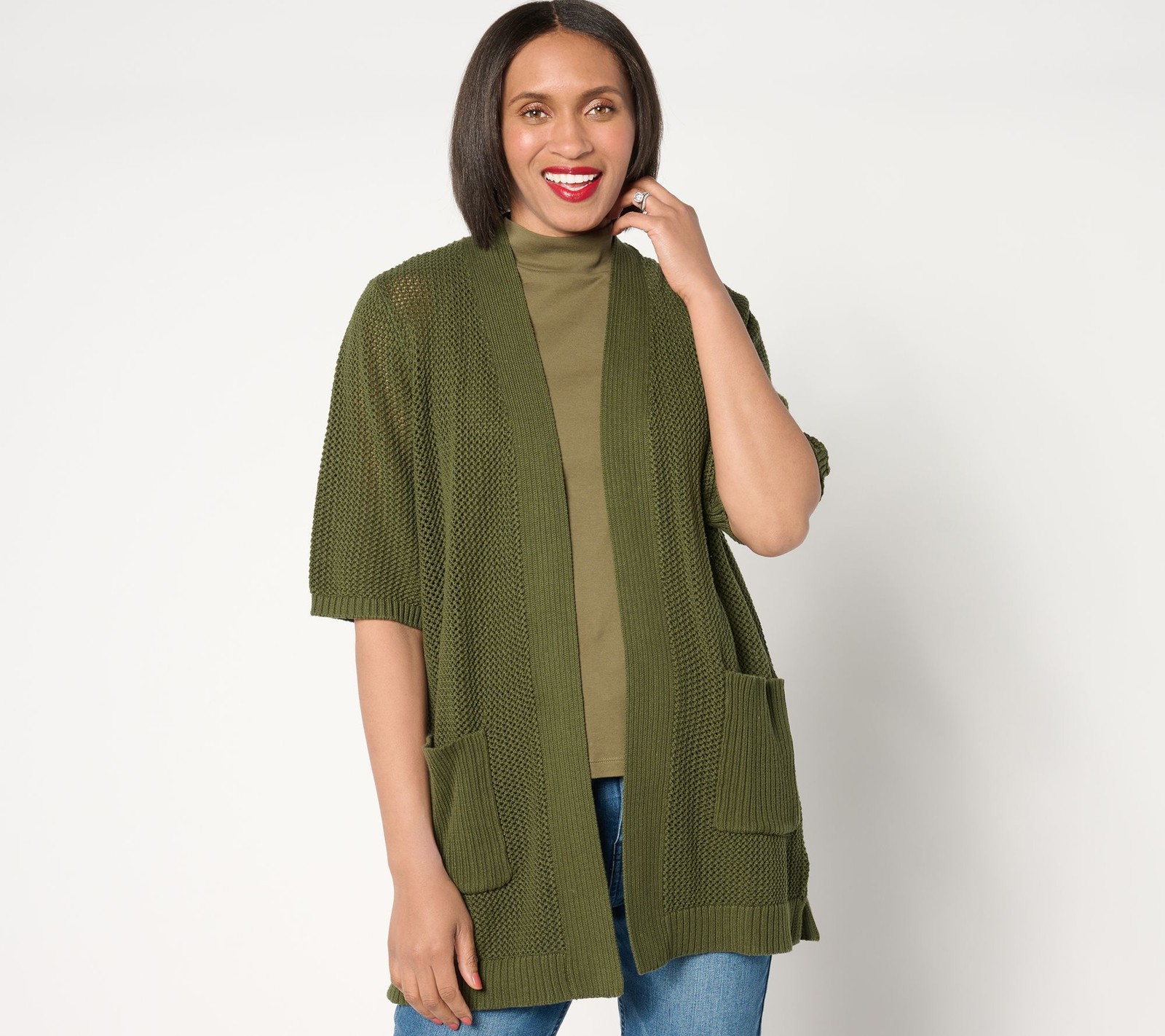 Sport Savvy Women's Top Sweater Sz L Open Stitch Cargo Pocket Green A649082