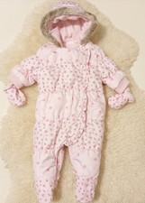 Next Pramsuit 0-3 Floral Pink Polka Baby Girl Snowsuit Fleece Fur Warm Mittens