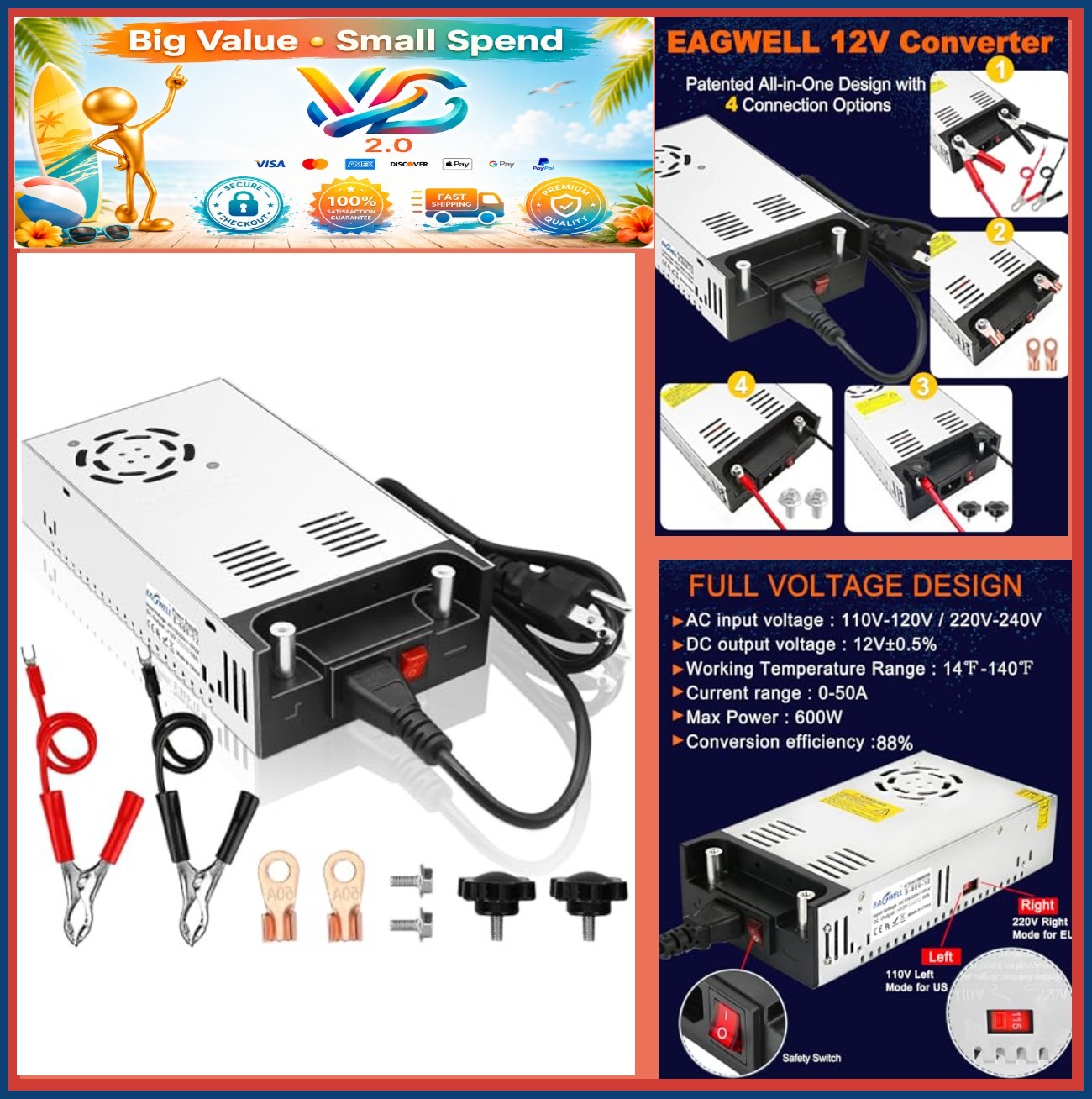 NEW 600W AC to DC Converter 12V 50A Power Supply with Alligator Clips