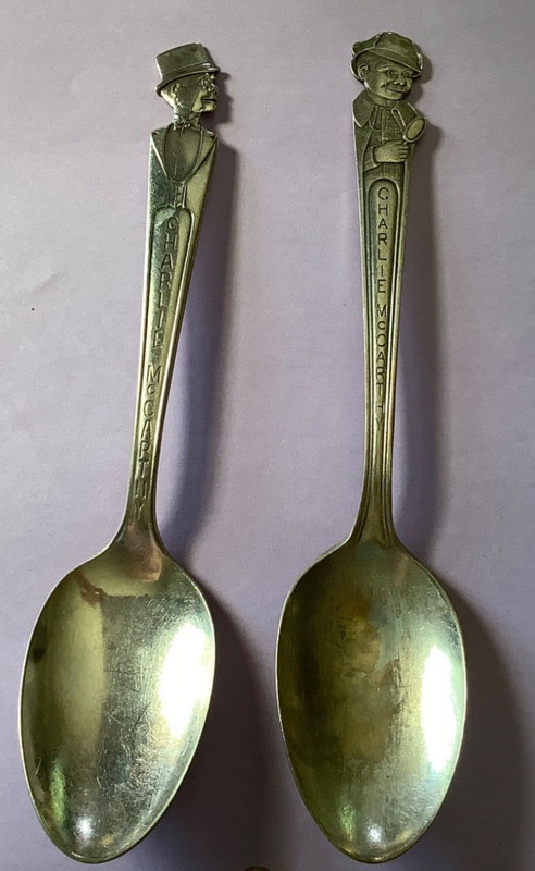 2 Charlie McCarthy  spoons 6” 1 top hat 1 spy Duchess silver plate