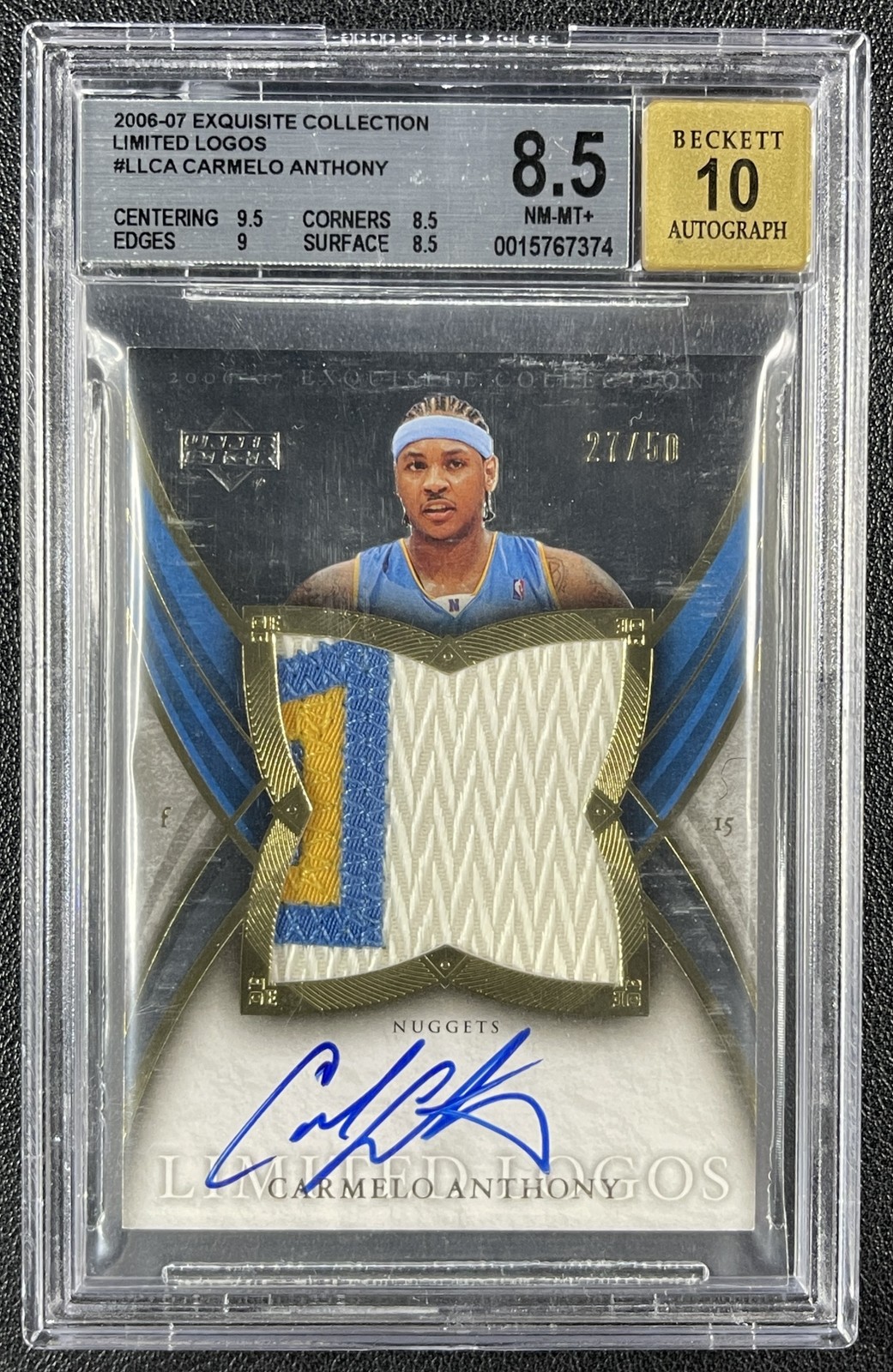 CARMELO ANTHONY BGS 8.5 2006-07 UD EXQUISITE COLL LIMITED LOGOS PATCH AUTO 27/50