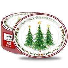 Christmas Tree Oval Paper Plates 10" x 12" large Holiday Disposable Dinner Pl...