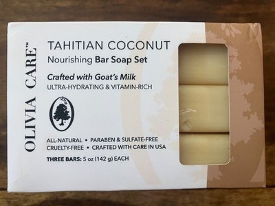 (3x 5oz bars) Olivia Care Bath & Body Soap Bar TAHITIAN COCONUT w/ GOATS MILK