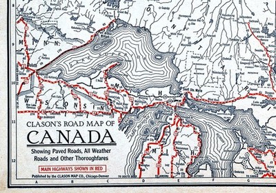 1930 Clason Auto Road Map Canada Ottawa Quebec Ontario Vancouver