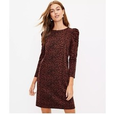 LOFT Leopard Print Puff Ruched Sleeve Sheath Dress Brown
