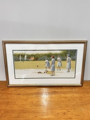 Vintage gerahmtes Gobelin Bild Frauen Rasen Bowling Schalen 50x30cm