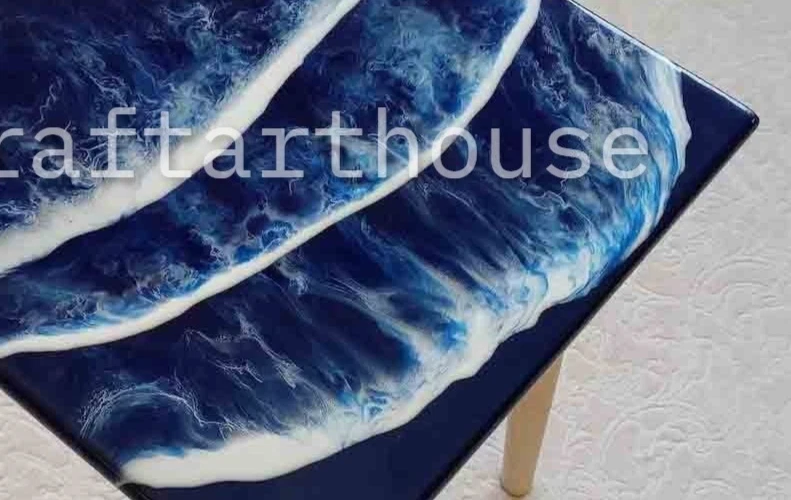 Mesa de centro Ocean Wave de resina azul epoxi forma cuadrada hecha a mano arte y decoración del hogar Foto 4 de 4