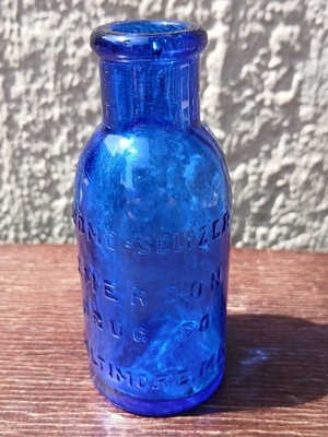 Antique Bromo- Seltzer Bottle. Hand Finished Neck&crude Lip. Embossed Cobalt #1