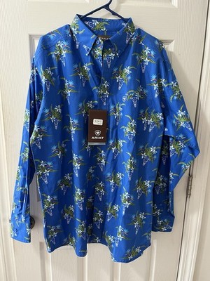 NWT Ariat Men's Logan Classic Fit Long Sleeve Blue Floral Bull Skull LargeShirt