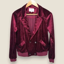 FRNCH Paris Ribbed Velvet Jacket Sz Small Burgundy Silver Thread Double Breasted