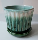 Small Vintage Green Bamboo McCoy Mid-Century 0372 Planter Flower Pot with Saucer