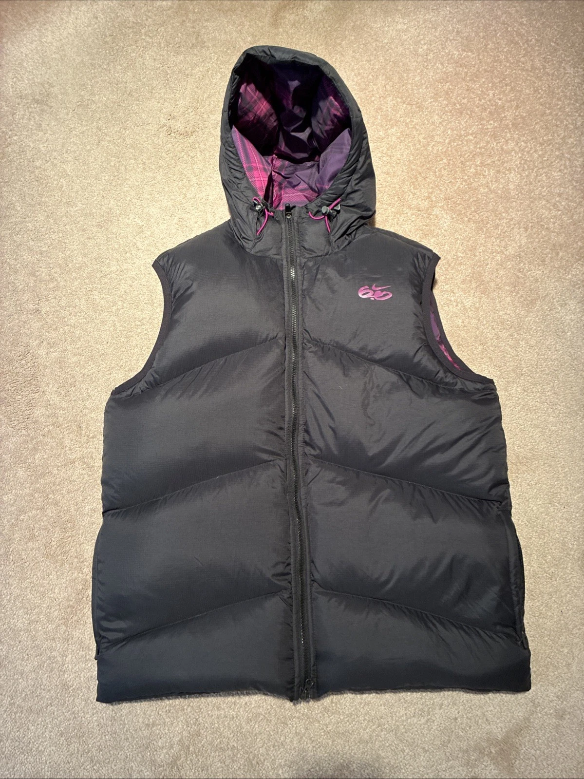 Nike 6.0 Goose Down Puffer Vest Mens LG Black Pink Purp Hooded Zippered Pockets