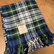 Vtg Throw Blanket Faribault Woolen Mills Faribo Blue Green White Plaid 48x52