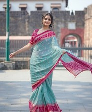 Indian Bollywood Designer Moss Silk Saree Designer Printed Ethnic Saree Sar
