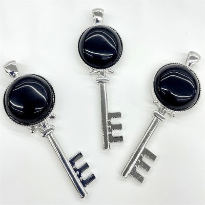 10pcs Natural Obsidian Stone Round Key Pendants Reiki Healing DIY Jewelry Making