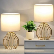 Small Gold Table Lamps, Set of 2 Bedside Nightstand Lamps with White Fabric S...