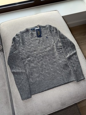 Polo Ralph Lauren Pullover Zopfmuster Wolle Kaschmir Rundhals XL Damen Grau Neu