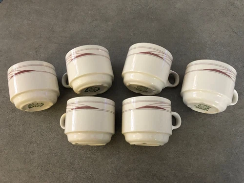 Syracuse Syralite Red Maroon Gray Lines 17-A Restaurant Ware - Lot 6 COFFEE MUGS