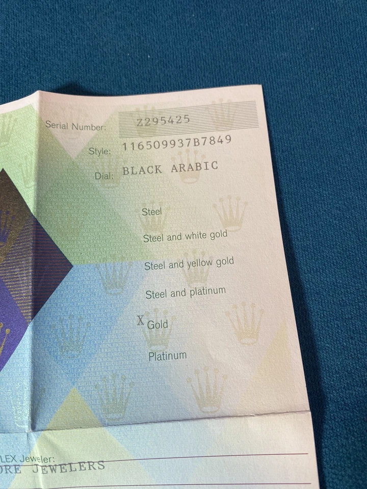 Rolex Certificato Garanzia Per Z Seriale Daytona 116509 - Immagine 2 di 4