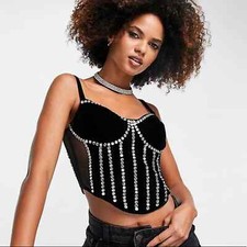 NEW Starlet ASOS Black Crushed Velvet Embellished Zip Back Corset Top 8
