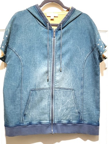 Michael Kors Kristall verschönern Stretch Denim Hoodie kurzärmelige Jacke Weste XL
