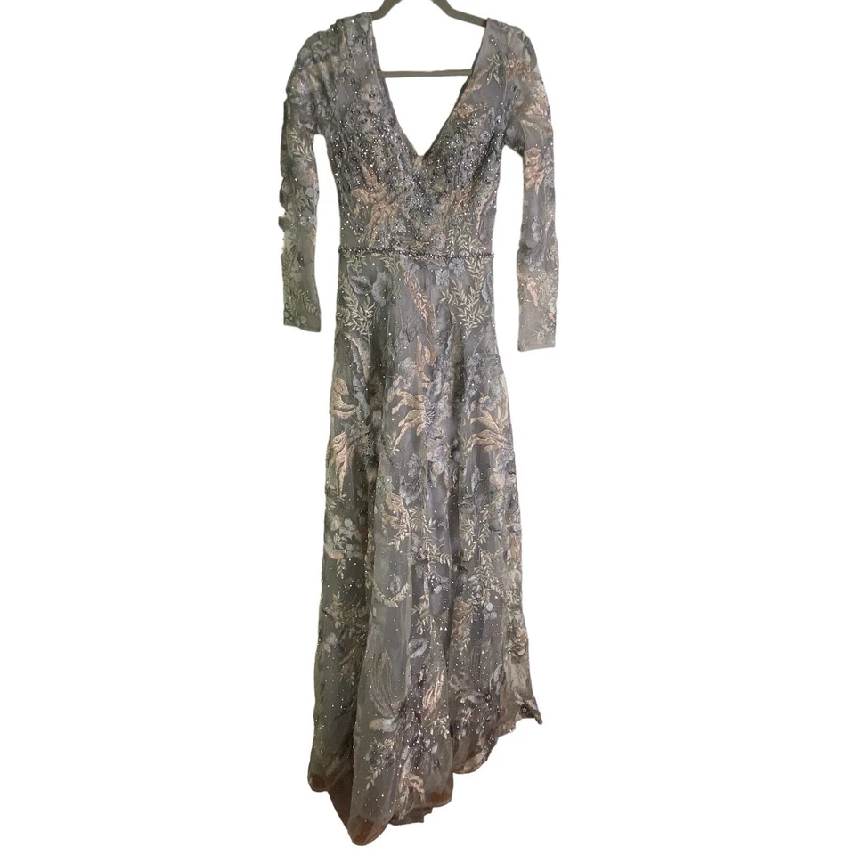 Платье Mac Duggal 20214 кружевное трапециевидное вышитое бисером винтажное сиренево-серое размер 2 - Изображение 4 из 4